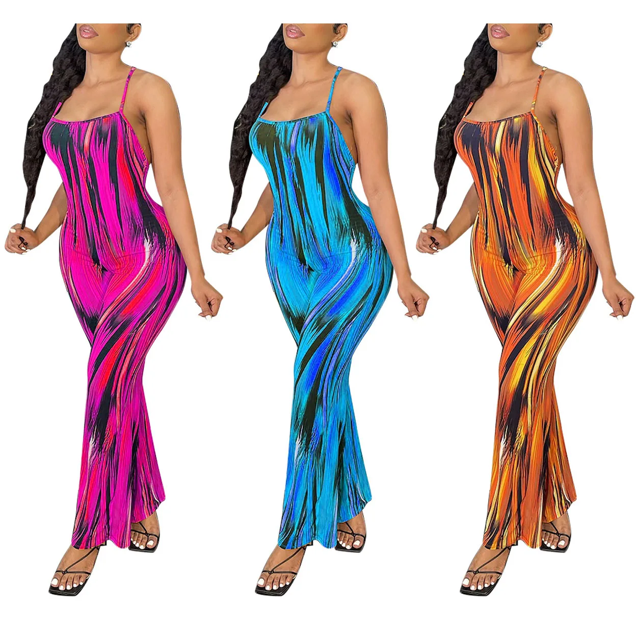 

FS3420D Tie dye Bodycon Jumpsuit Summer Backless Women Sexy One Piece Night Club Jumpsuits