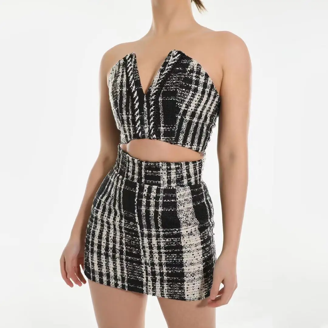 

Clothes woman sexy ropa suit female plaid wool tube top high waist pack hip skirt two-piece spring, Choose colors