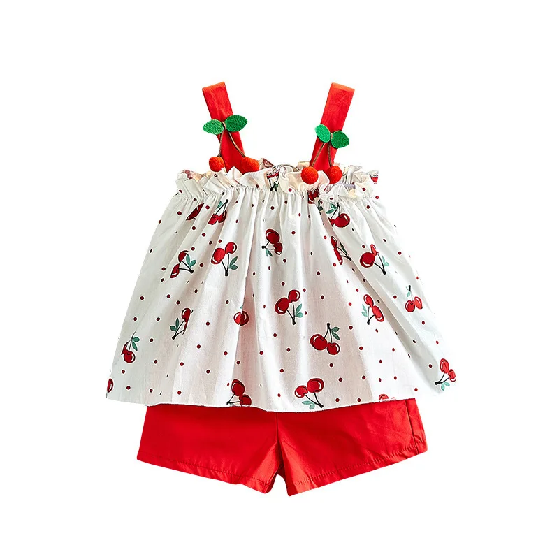 

B63077A Summer new Korean print sweet style baby garment + red shorts set, As picture