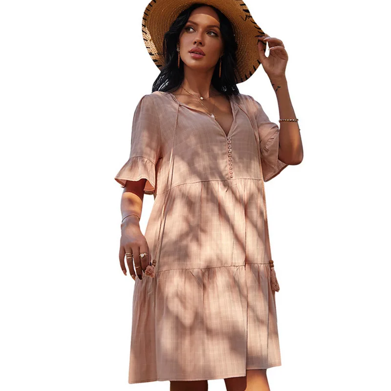 

In Stock 2021 Summer Women A Line V Neck Half And Flare Sleeve Casual Mini Dress
