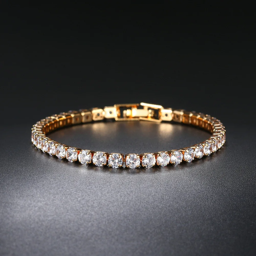 

Amazon Hot Sale 18k Gold Plating Single Row Round Diamond Bracelet 4MM Bling Rhinestone Crystal Tennis Chain Bracelet