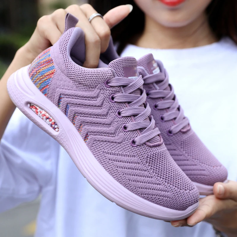 

Fashion Trend New Polyurethane Air Cushion Flying Woven Soft Sole Sneakers For Women, Purple black pink