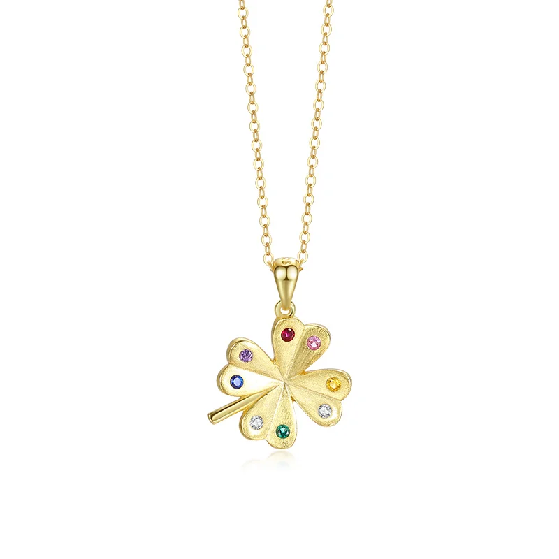 

Customized 925 Sterling Silver Brushed 18K Gold Plated Colorful Zircon Pave 4 Four Leaf Clover Pendant Necklace
