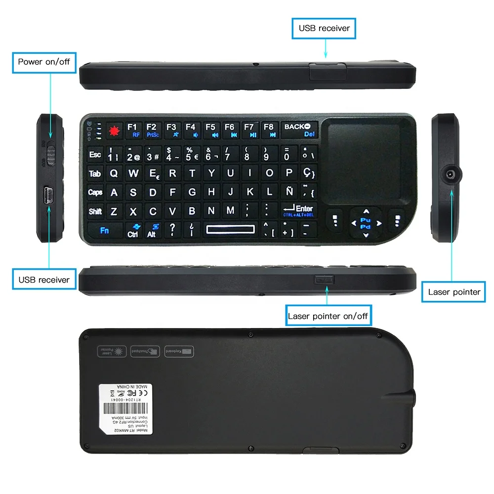 

Russian/Spanish/English Wireless Mini Keyboard Backlit with Laser Pointer For Presenter Touchpad Powerprint PPT Teacher, Black