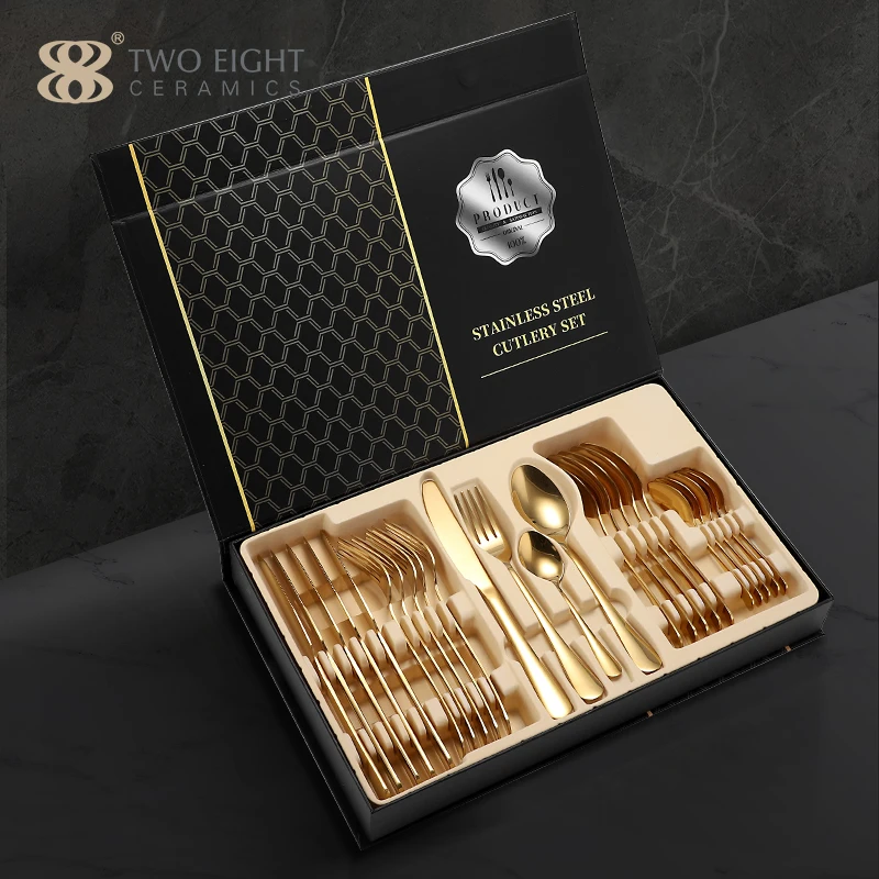 

Hot Selling 24 Pcs Gift Set Western Tableware Colorful 304 Stainless Steel Cutlery Set With Box 24 pcs Flatware Set