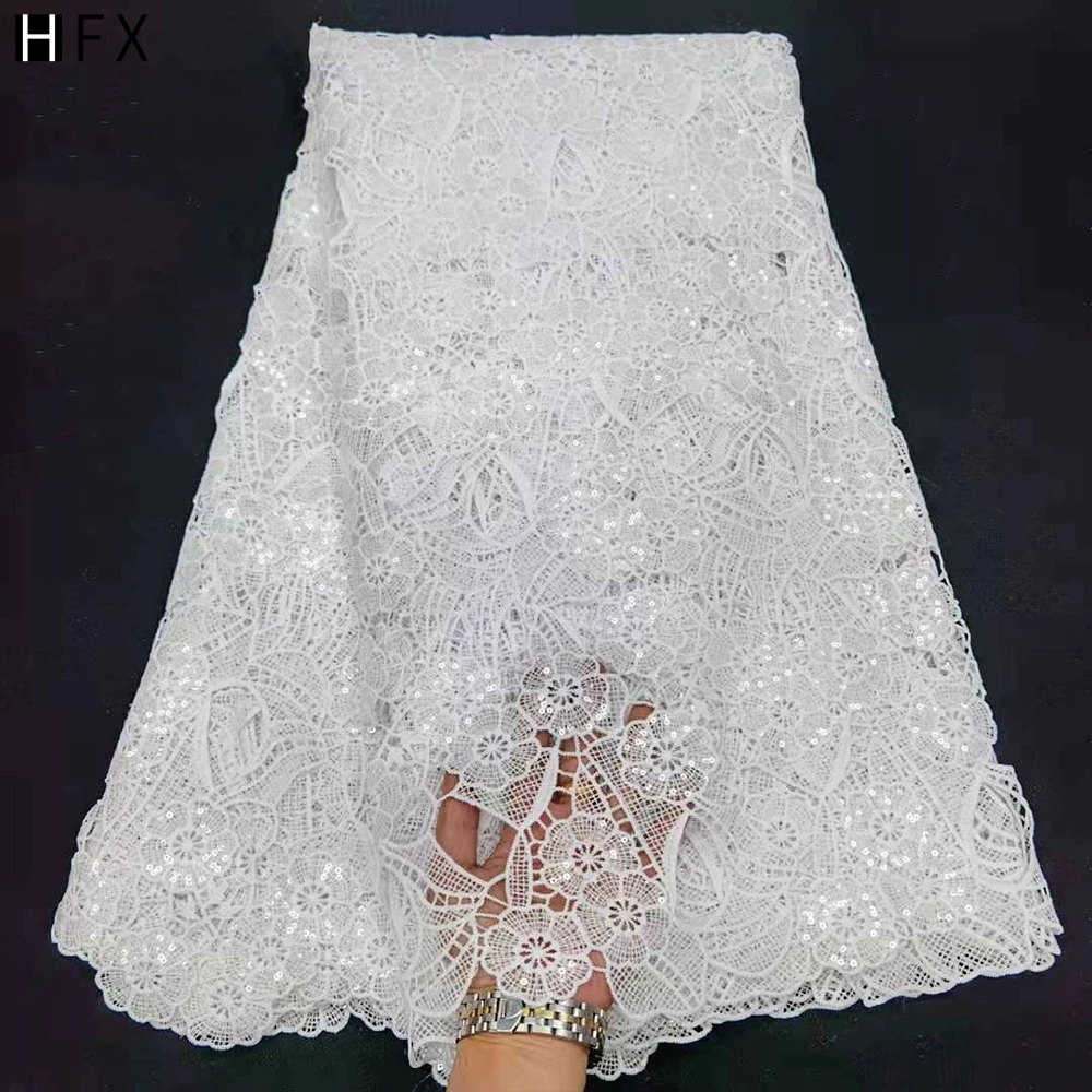 

HFX Pure white Embroidered Nigerian cord Lace Fabric Bridal High Quality French guipure net lace For Women wedding Dress 5 Yards