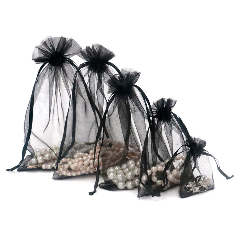 

High Quality Black Organza Bag Chiffon Drawstring Jewelry Pouch Bags Jewellery Package Wholesale, As picture