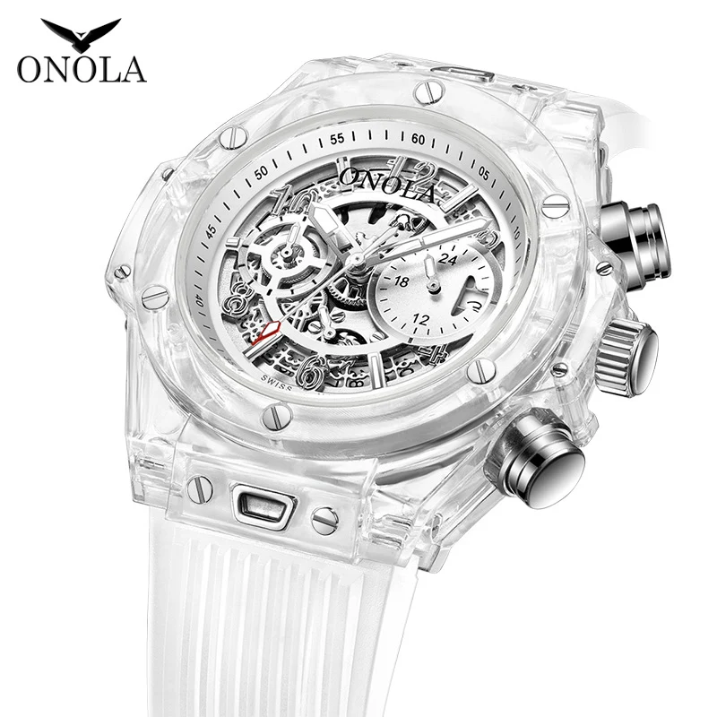 

ONOLA 6812 Silicone Sports Transparent Skeleton Creative Men Quartz Wristwatches Chronograph Watches Men Wrist
