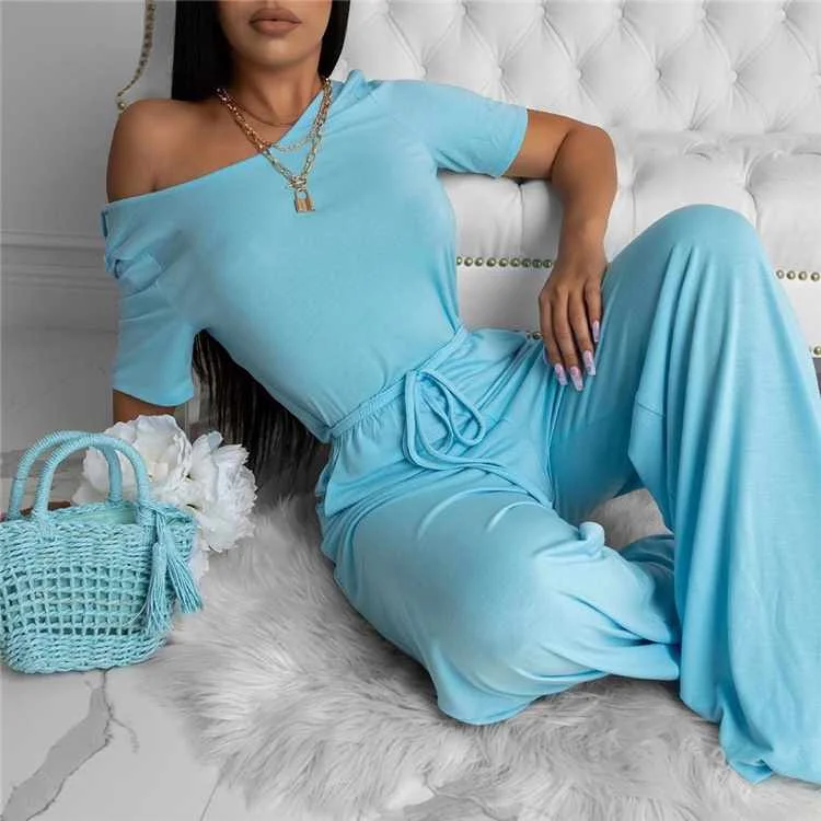 

Drawstring Waist Solid Off Shoulder Short Sleeve Long Pants Jumpsuit Women Wide Leg Jumpsuits, Customized color