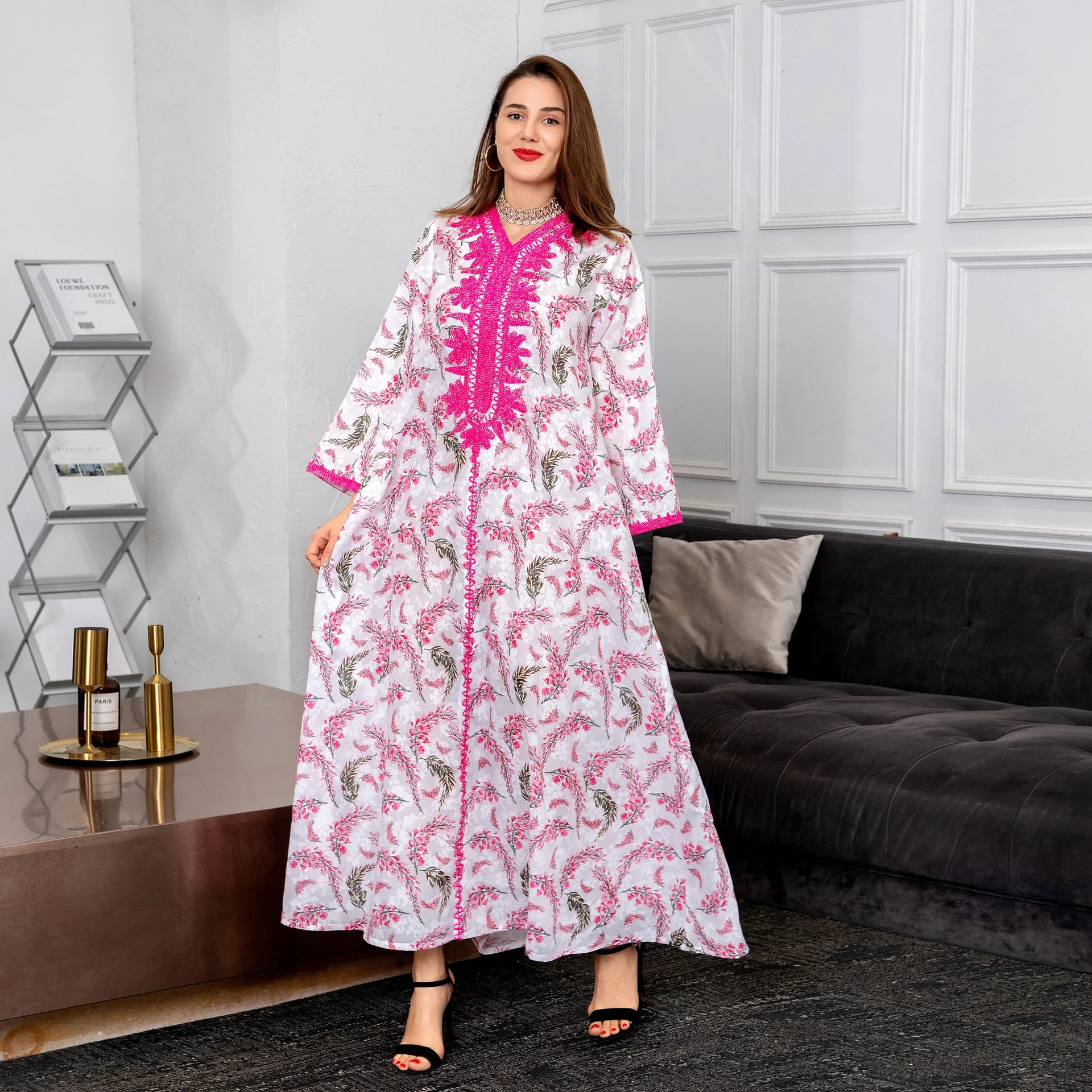 

Latest Design Cotton Embroidery Printed Kaftan Moroccan Dubai Abaya Islamic Women'S Muslim Dress