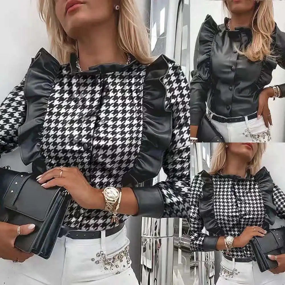 

2021 European&American women PU leather trendy patchwork fashion shirt striped printed high quality blouse, Picture colors