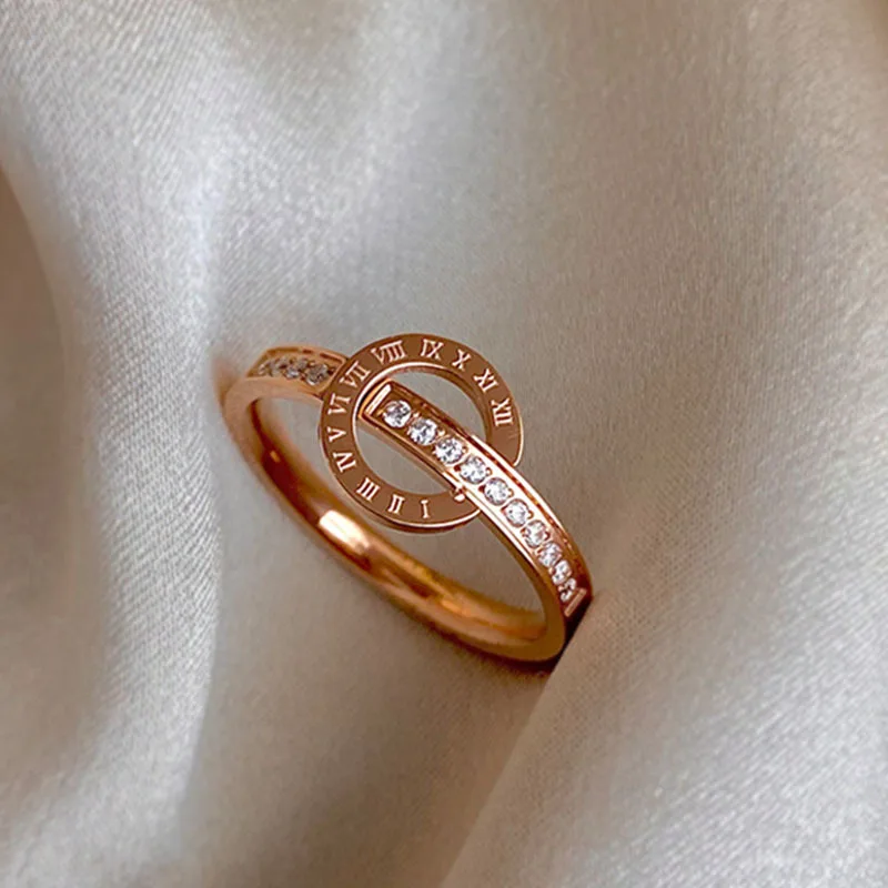 

HongTong Factory Outlet Amazon Hot Style Fashion Stainless Steel Rose Gold Letter Zircon Ring For Women, Picture shows