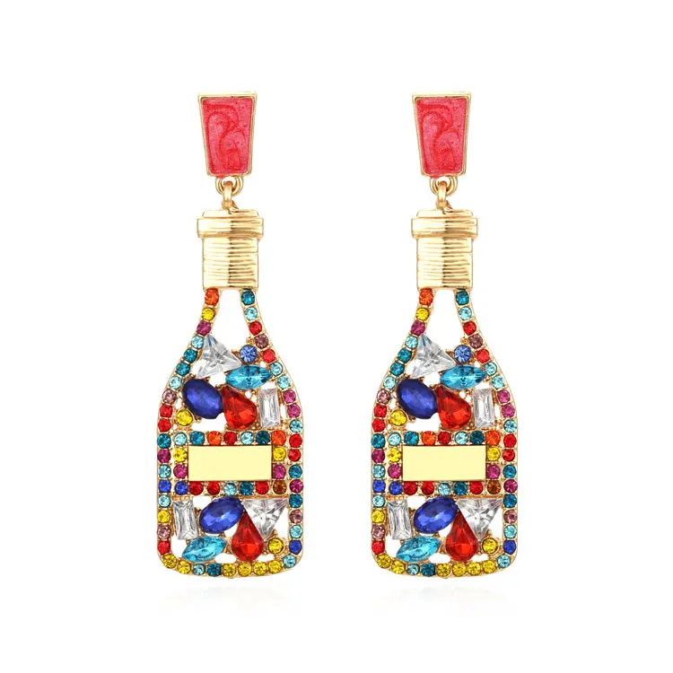 

SC Creative Colorful Diamond Statement Earrings Wedding Party Earrings Fashion Rhinestone Beaded Champagne Bottle Earrings Women, Green, red, pink, purple