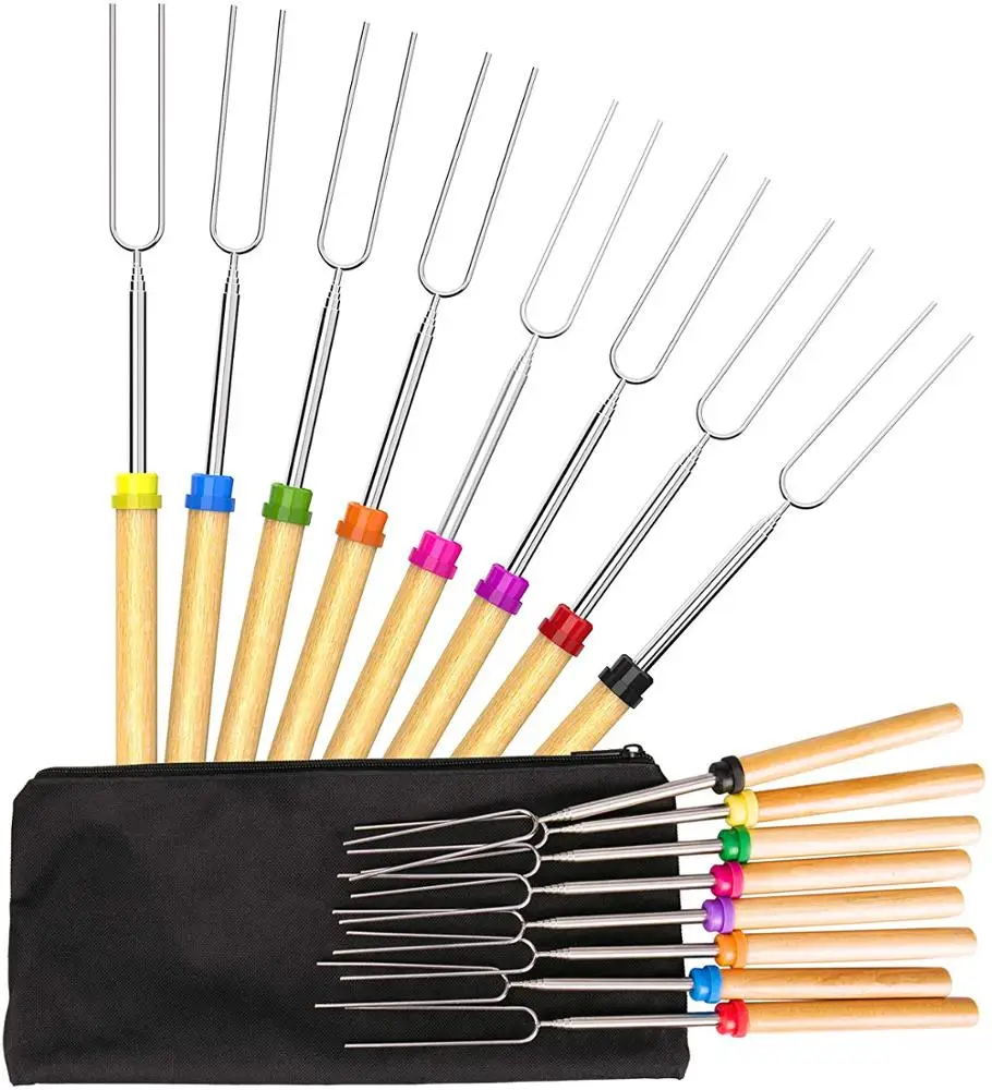 

Amazon Hot Selling 32 Inch Extendable Forks Stainless Steel Campfire MarShmallow Roasting Sticks With Bag, 8 colors