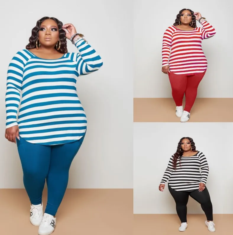 

XL to 5XL Autumn and winter loose striped plus size round neck long-sleeved t-shirt + tight leggings 2 pieces set outfit