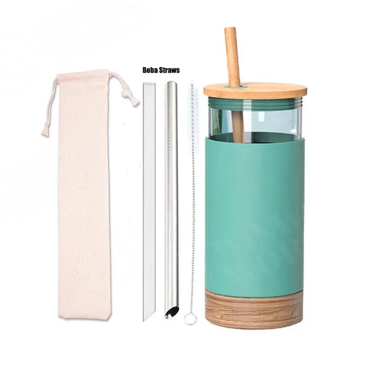 

Reusable Boba Glass Tumbler Cups with Boba Straw and Eco-Friendly Leakproof Bamboo Lid, Smoothie Tumbler with Silicone Sleeve, Customized color