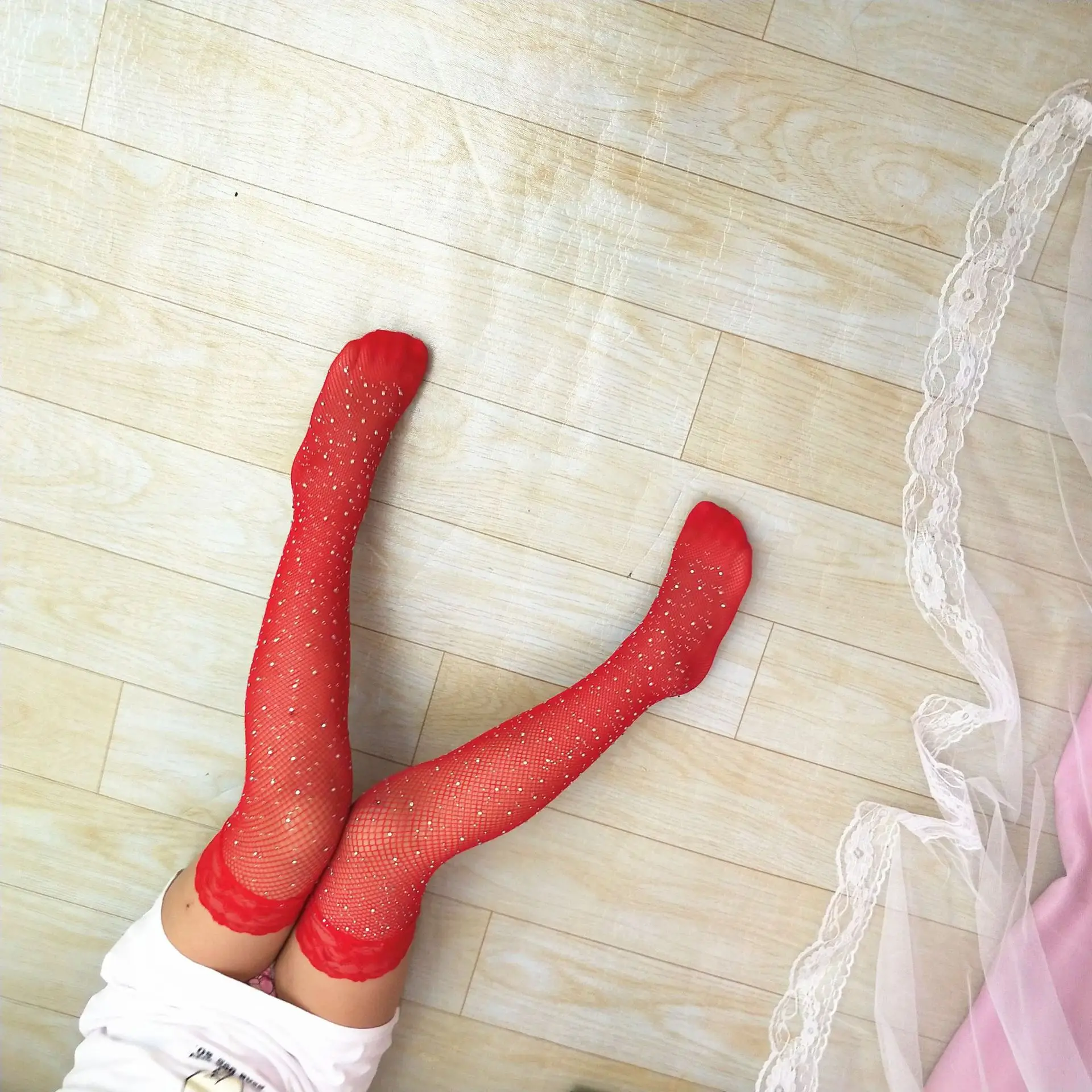 over the knee lace fishnet socks shein