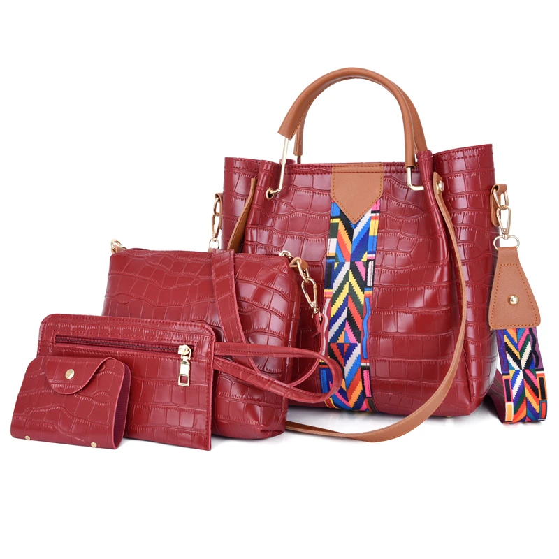 

New fashion 4pcs set aztec style ribbon stitching alligator pattern pu leather ladies 4 In 1 shoulder tote hand bag set women