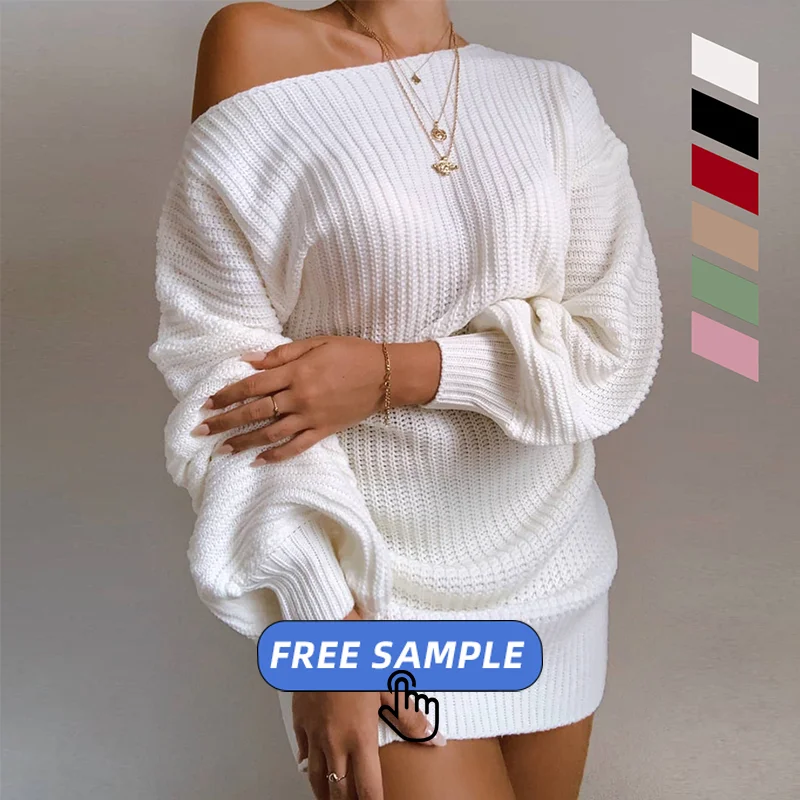 

free sample 2021 fall woman clothing S-XL casual One-shoulder Lantern Sleeve milk-white knitting sweatshirt dress