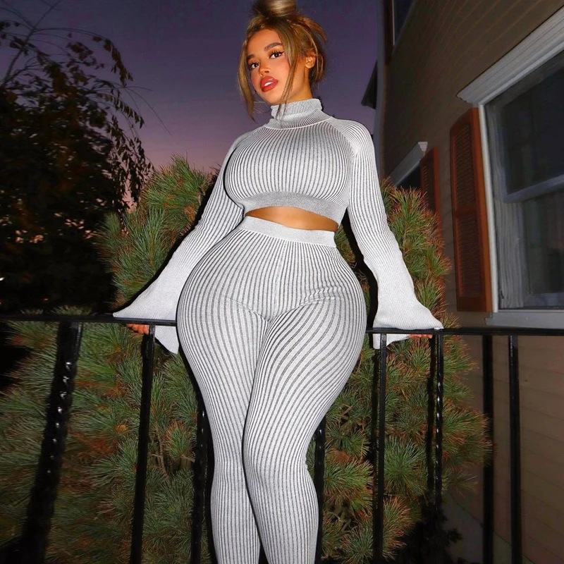 

Two Piece Set Black Two Piece Set Top And Pants Long Sleeve Crop Top Solid Color Women Outfits, Pink/gray