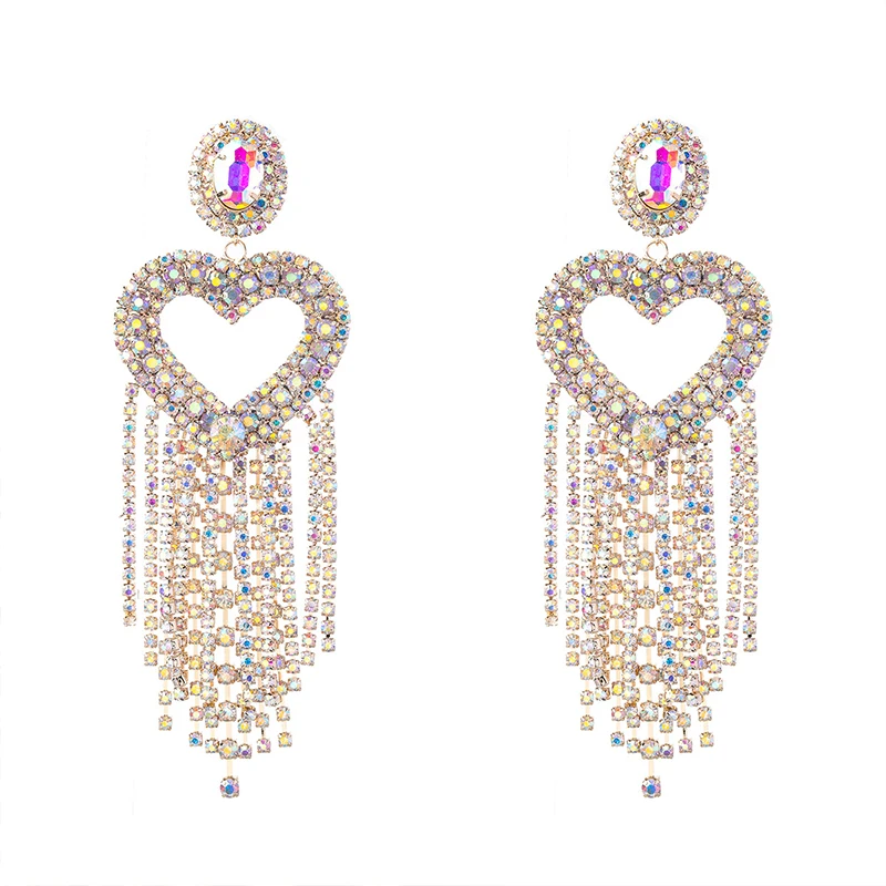 

Hot selling big heart shaped pendant earrings women rhinestone long tassel party earrings jewelry