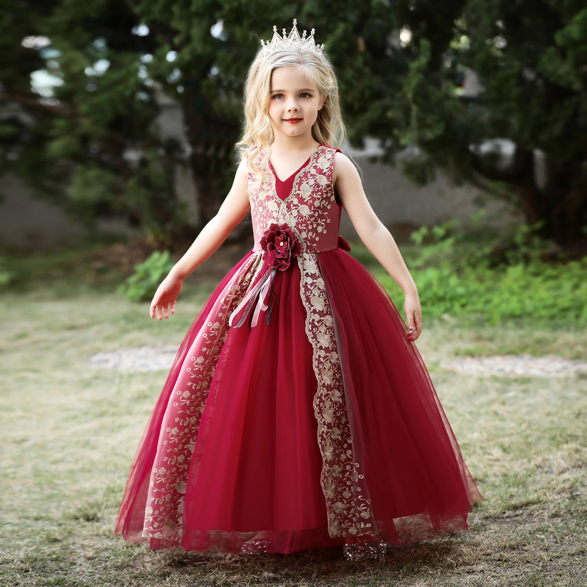 

FSMKTZ New Arrival Princess Ball Gown For Kids Pink Wedding Dresses For Little Girls Luxury Lace Tulle Party Dress LP-255, White,blue,pink,gray,peach,champagne,red