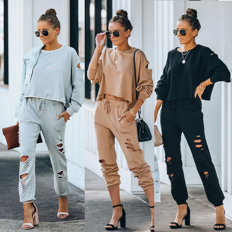 

L683 Shopping On Line Designer Top Streetwear Women Blank Pullover Sweatshirts Holes Jogger Pants Sweatsuits