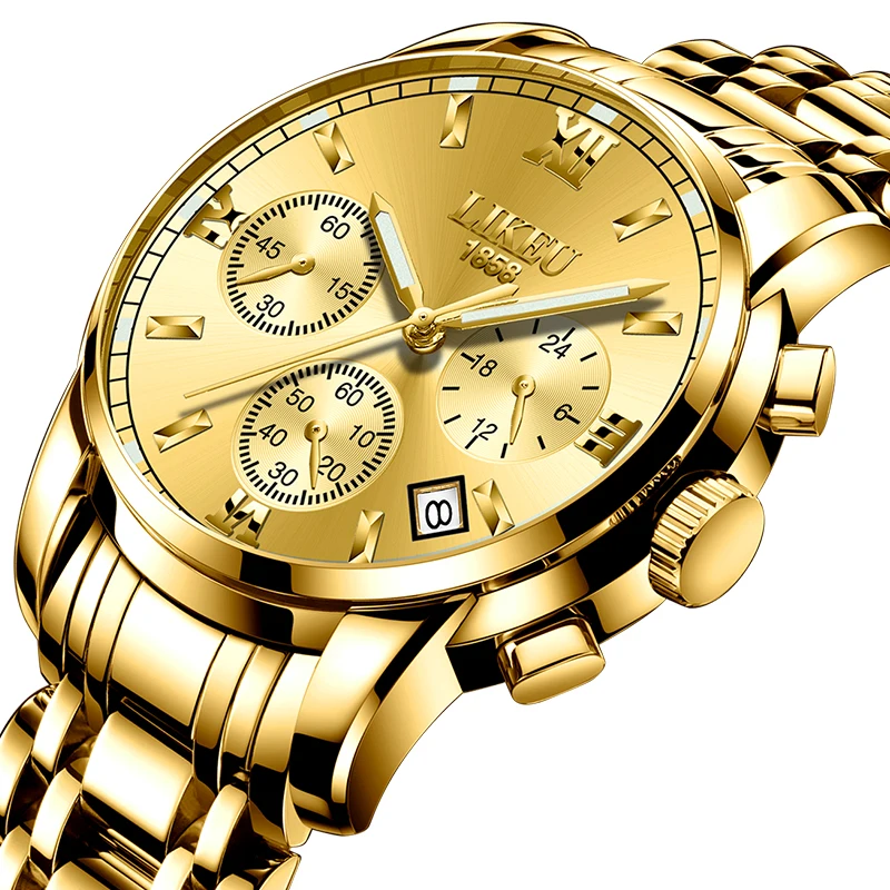 Hot design fashion  waterproof gold luminous wrist quartz watch mens