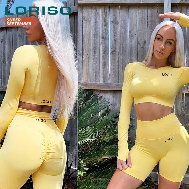 

2020 autumn women long sleeve work out workout gym fitness athletic active sport two piece seamless wear short set for woman, Multicolor optional