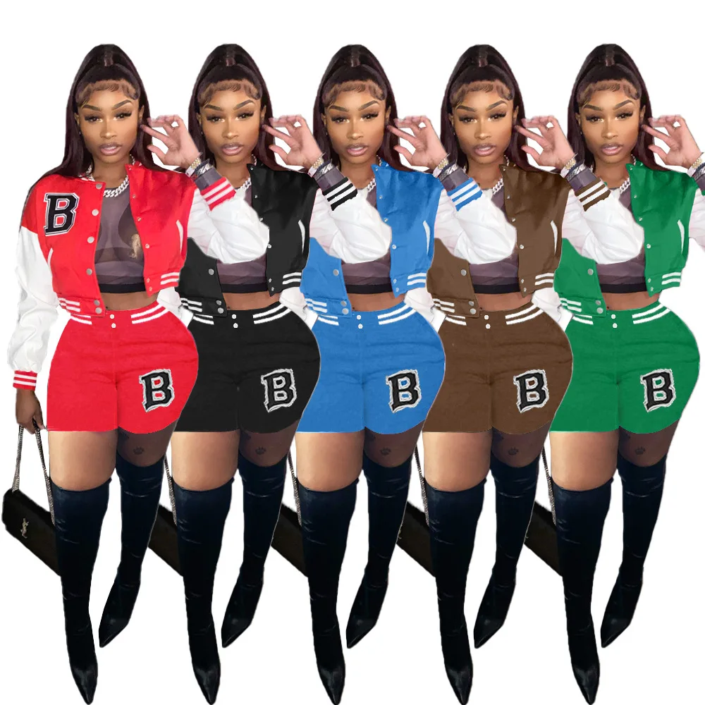 

Patchwork Color embroidered Letter baseball Sport wear Shorts Sets Tracksuit 2021 Autumn running outfits clothes biker sets, Roseo orange