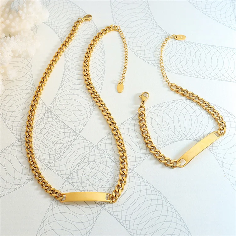 

Hip hop gold plated stainless steel blank bar pendant jewelry sets for women