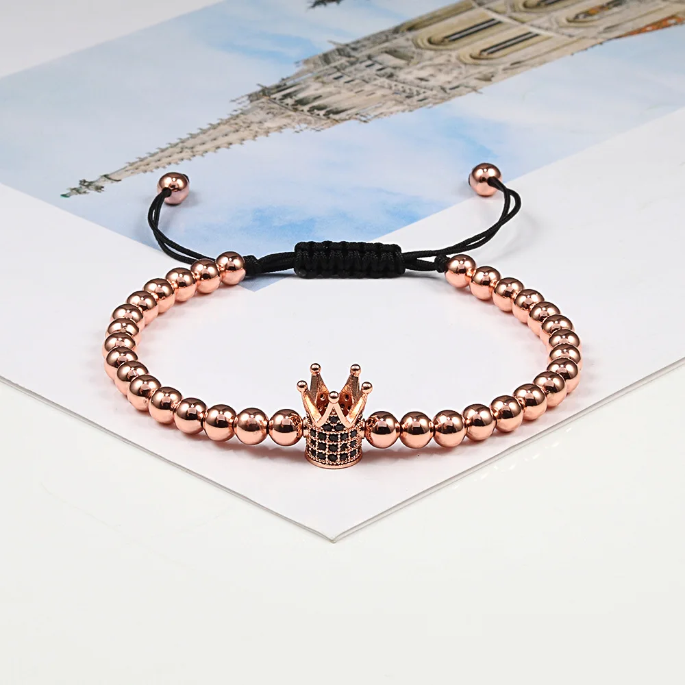 

Micro zircon Gold Crown Punk Style Beaded Bracelet Bangle CZ Crown Braided Macrame Bracelet