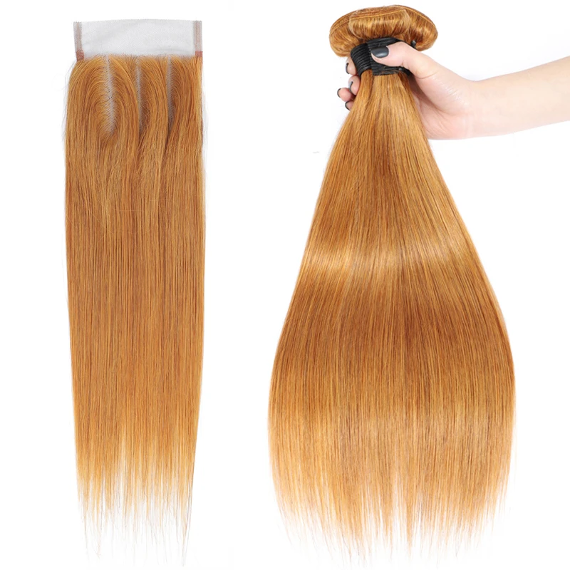 

2021 hot sale 100% cuticle aligned hair honey blonde brazilian hair color 27 silky straight bundles with closure