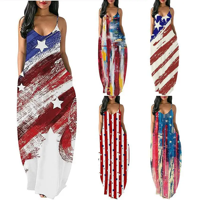 

American Independence Day Clothing Independence Day Flag Full Printed Dress Sling Long Skirt