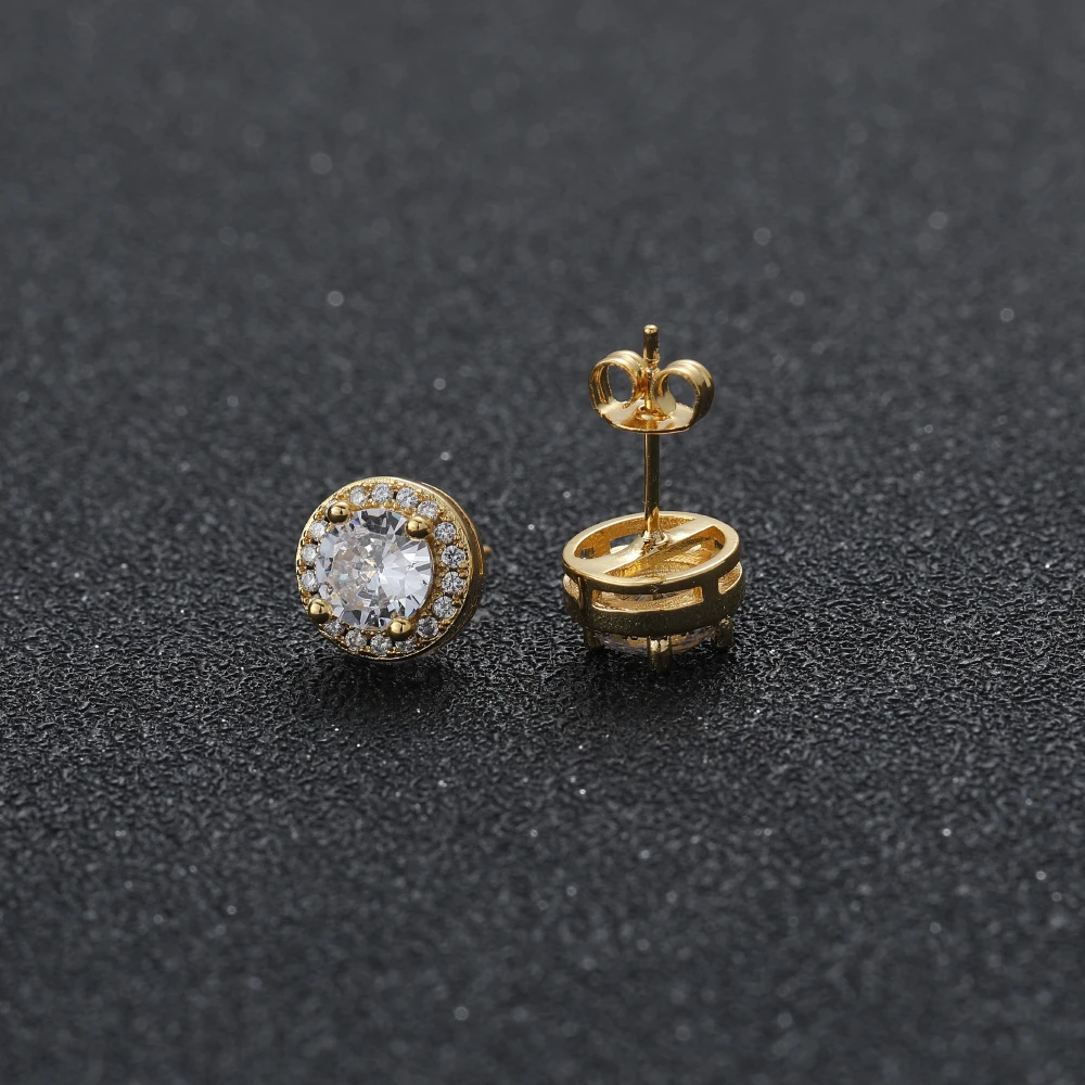 E035  9mm CZ Earrings Brass Setting Zircon Stud Earrings Hip Hop Ced Out