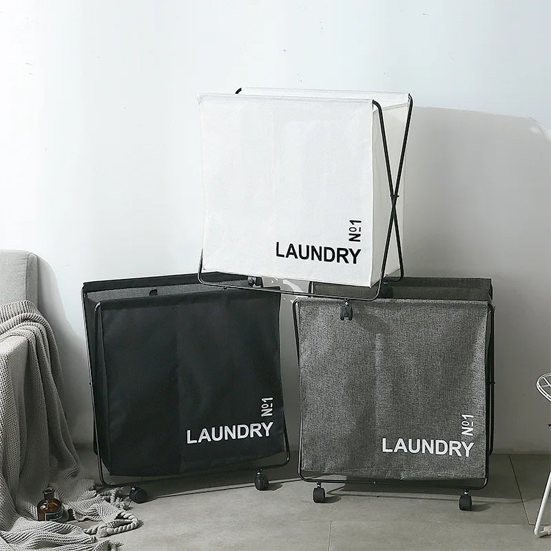 

2022 New Arrival Wheeled Laundry Basket Iron Frame Foldable Bathroom Dirty Clothes Storage Container Carter Hamper, As picture