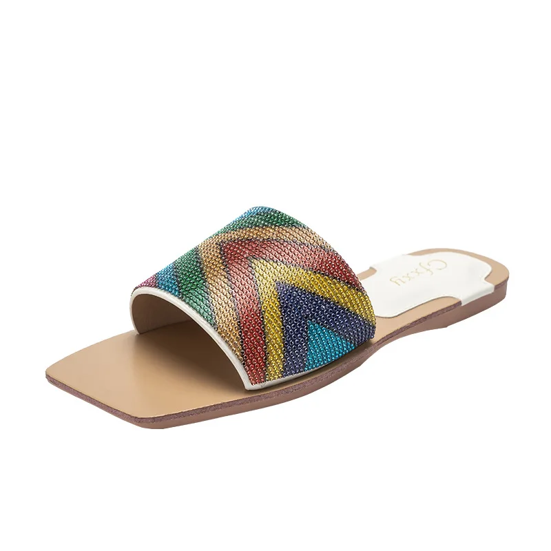 

2021 Square head matching color rhinestone flat slippers for ladies