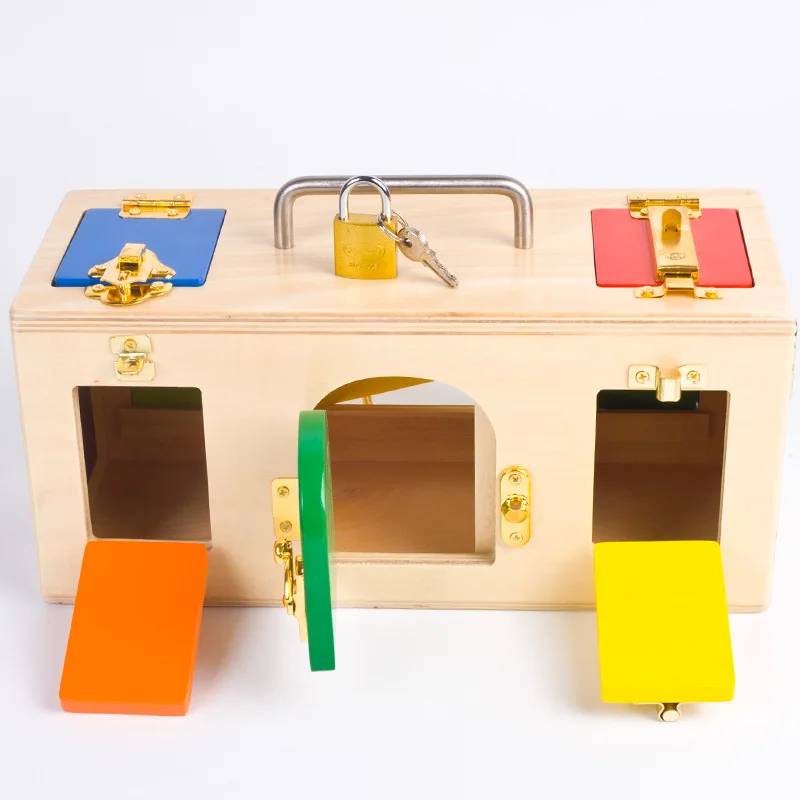 Montessori Wooden Toys Colorful Lock Box Kids Children Preschool