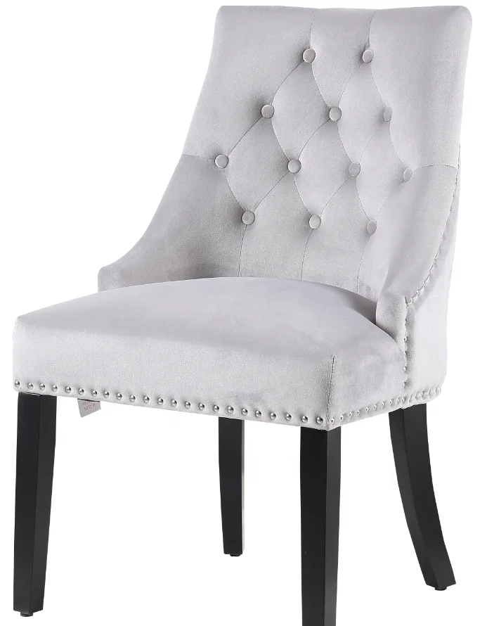 Light Grey wooden dining chair upholstered velvet fabric studs around with buttons on front back newest model