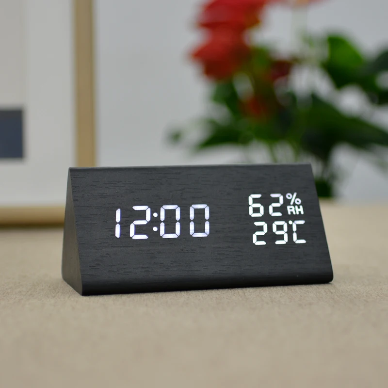 

FiBiSonic Sound Control Wooden Modern Digital LED Alarm Clock Despertador Desktop Clock Humidity Temperature Display, As pthoo