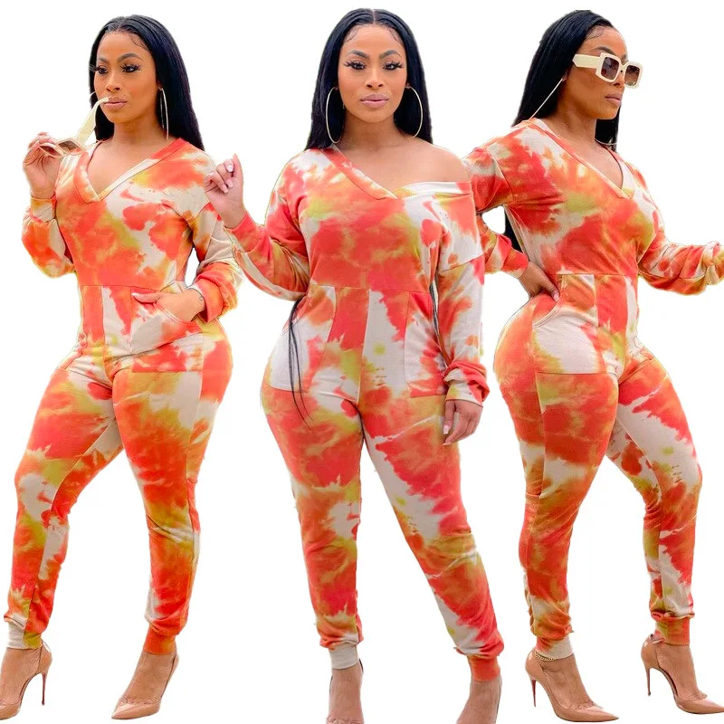 

2021 New style women sexy romper jumpsuit fashion tie-dye bodycon jumpsuits sexy v-neck romper jumpsuit women, As picture or customized make