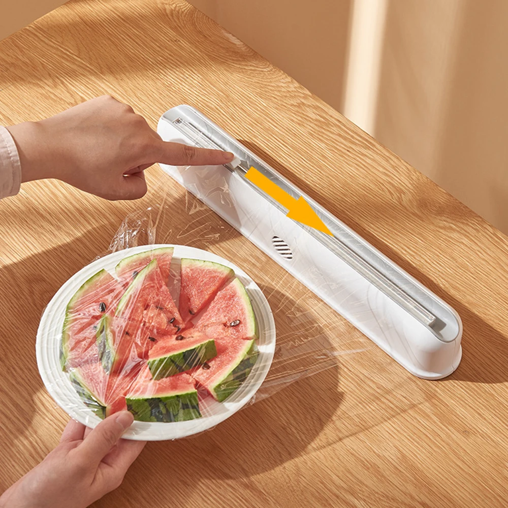 

Plastic Food Wrap Dispenser with Slide Cutter Adjustable Cling Film Cutter Preservation Foil Storage Box with Suction Bottom, White