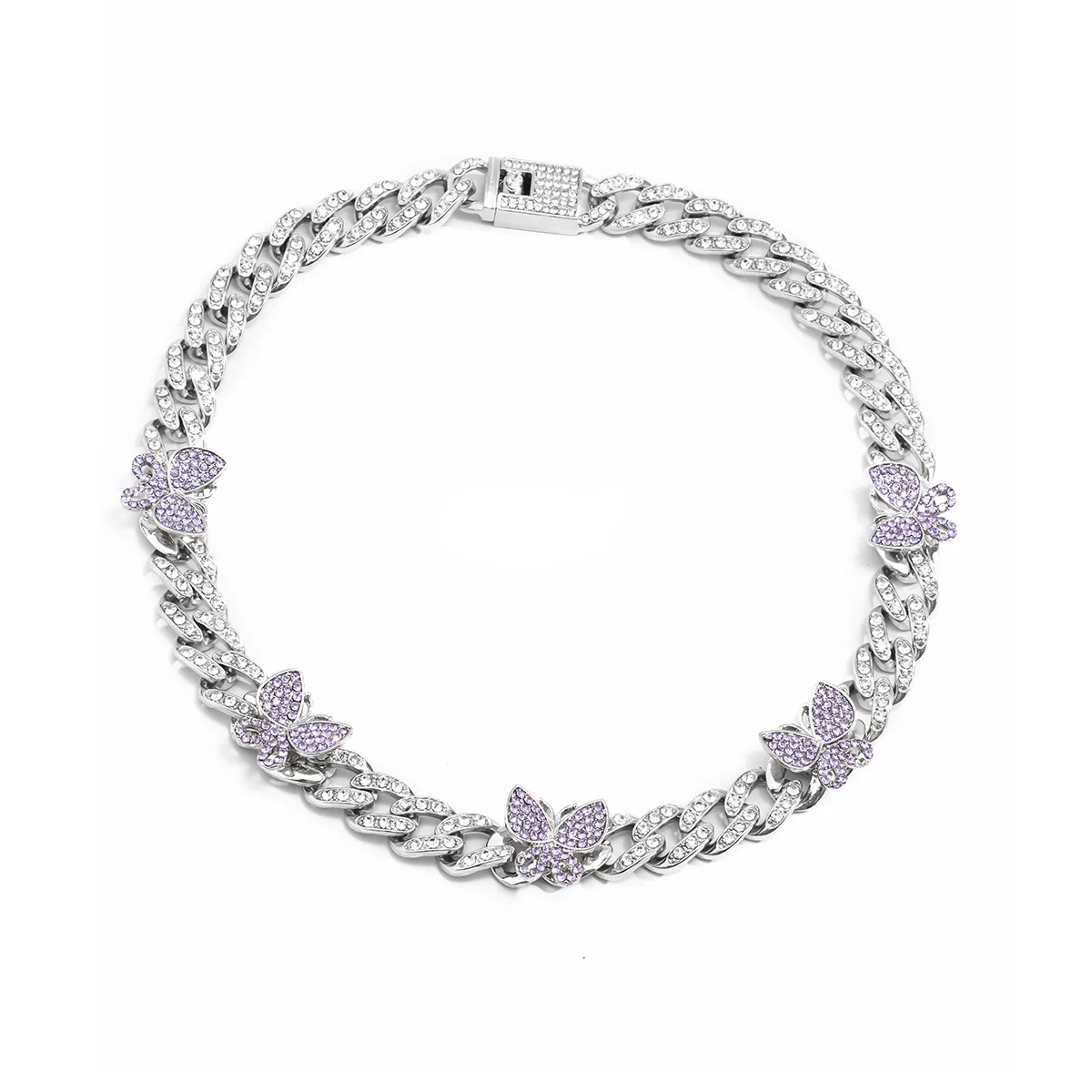 

18inches Retro Alloy Plating Butterfly Cuban Chain Necklace Purple Blue Pink Iced Out Choker Necklace For Women