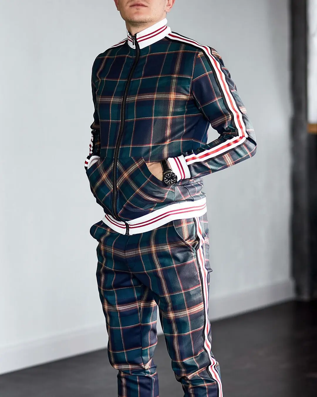 

2020 hot sale men's winter 3D printed plaid suit fashion sweat coat and casual slim track trousers for men Green, Picture