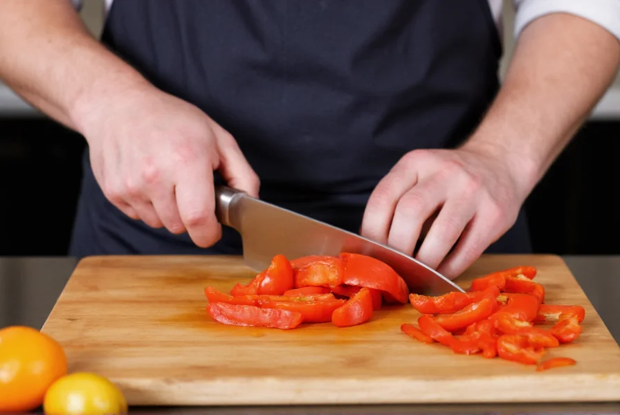 Professional chef demonstrating proper grip on chef's knife while dicing red bell pepper on wooden cutting board
