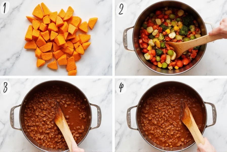 Étapes de préparation du chili Cookie and Kate avec patates douces et légumes