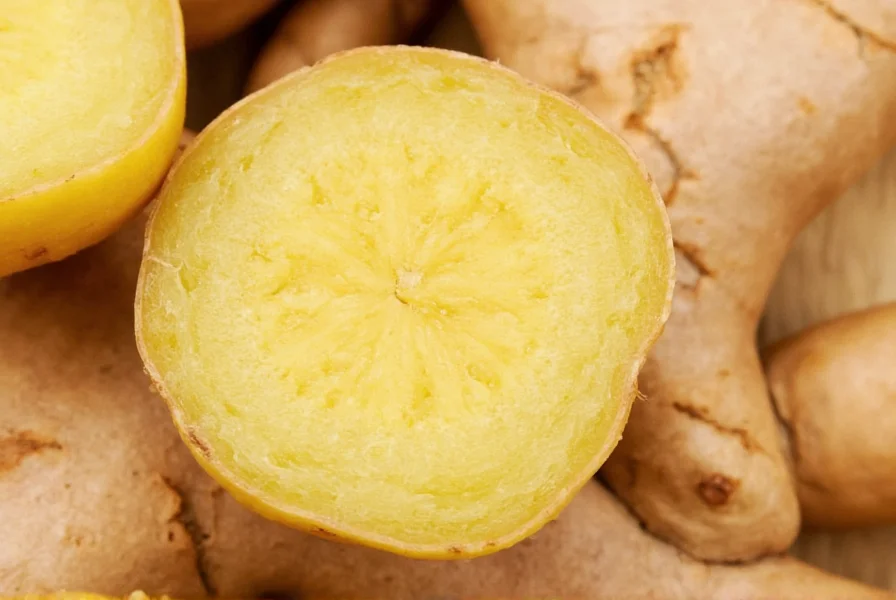 Close-up of fresh ginger root with peeled section showing fibrous interior and golden color