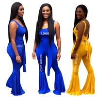 

9071932 queenmoen new style fashion solid color sleeveless woman flared leg jumpsuit with belt summer jumpsuits for women