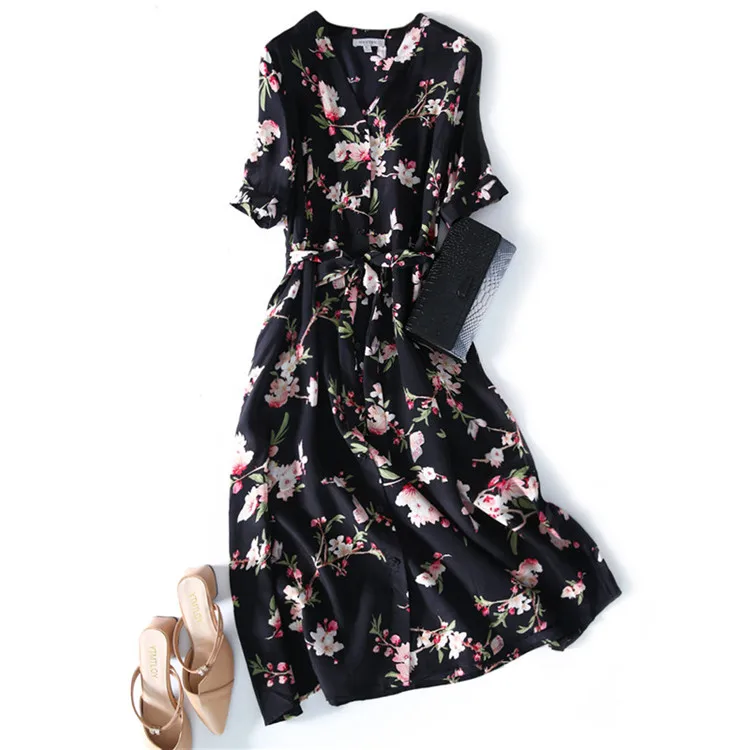 

2021 New Arrival Floral Printed Short Sleeve Ladies Real Silk Dress V-neck Luxury Mulberry Silk Dress