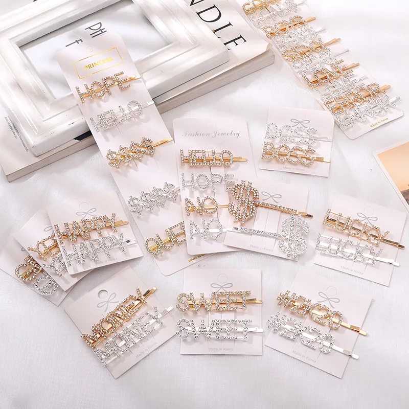 

ins hot style simple letter rhinestone bobby pin metal custom hair clips accessories hair clips
